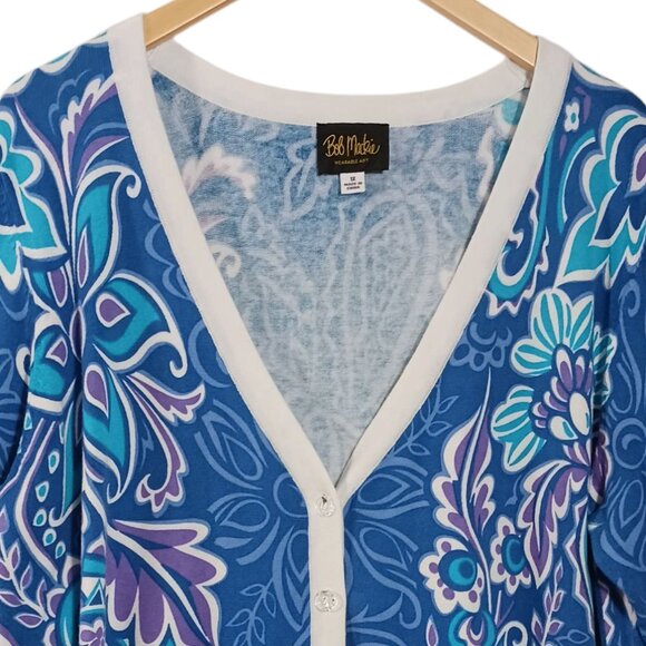 Bob Mackie, 1X Cardigan, Blue Floral Print, 3/4 Sleeve, V Neck, Button Down - Picture 7 of 16